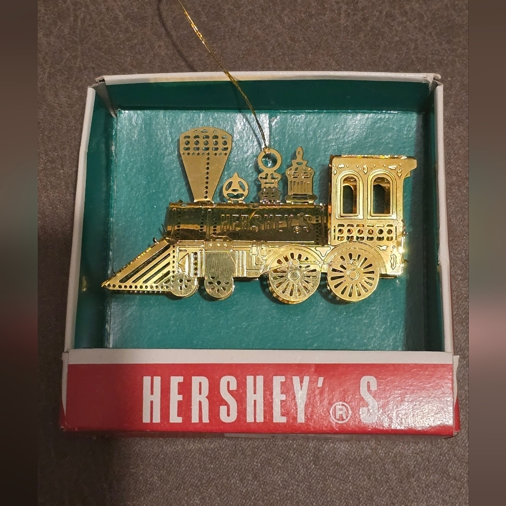 Vintage Hershey's Solid Brass Train Locomotive Christmas Ornament with Box